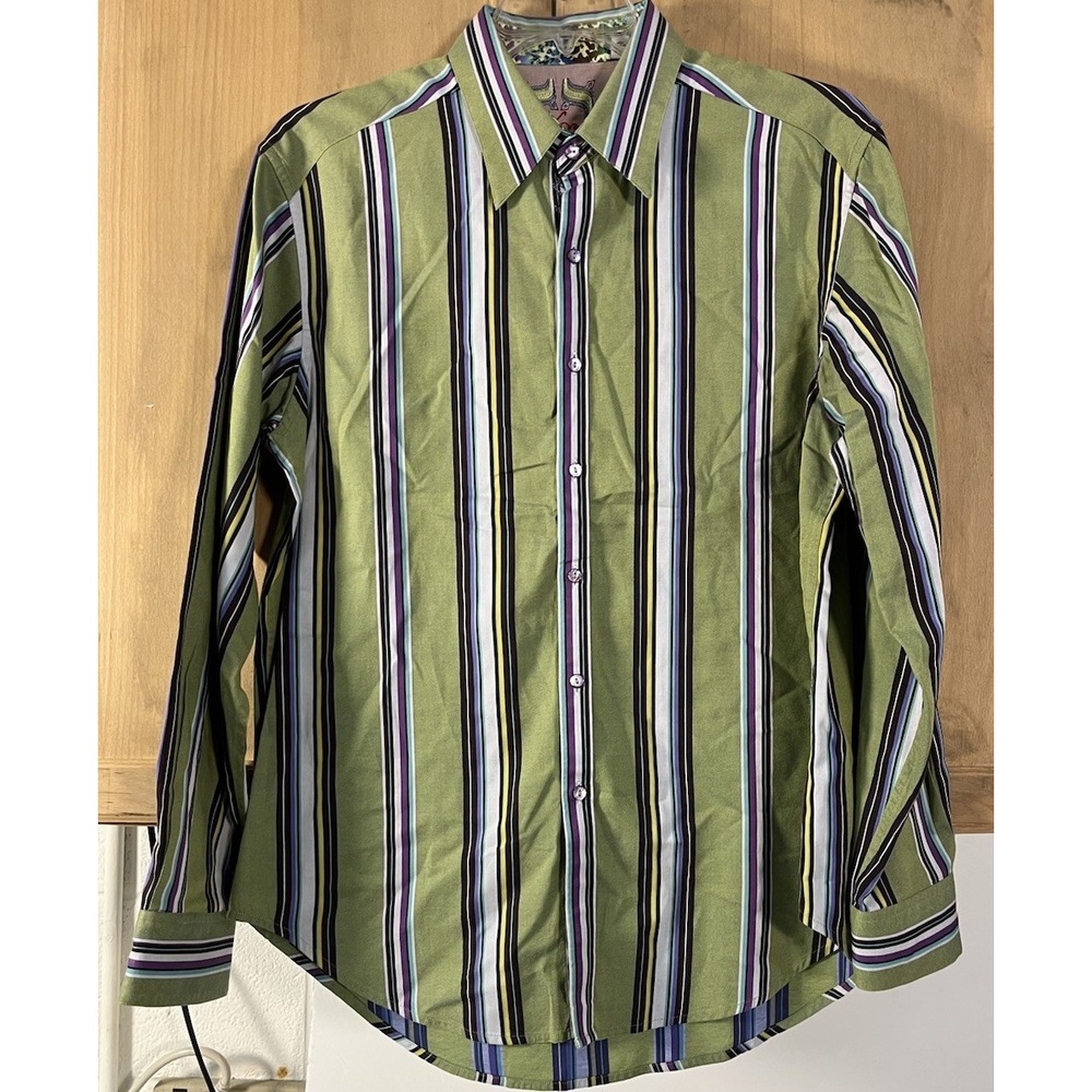 Robert Graham Button Down Shirt Mens Large Green Striped Long Sleeve Classic Fit